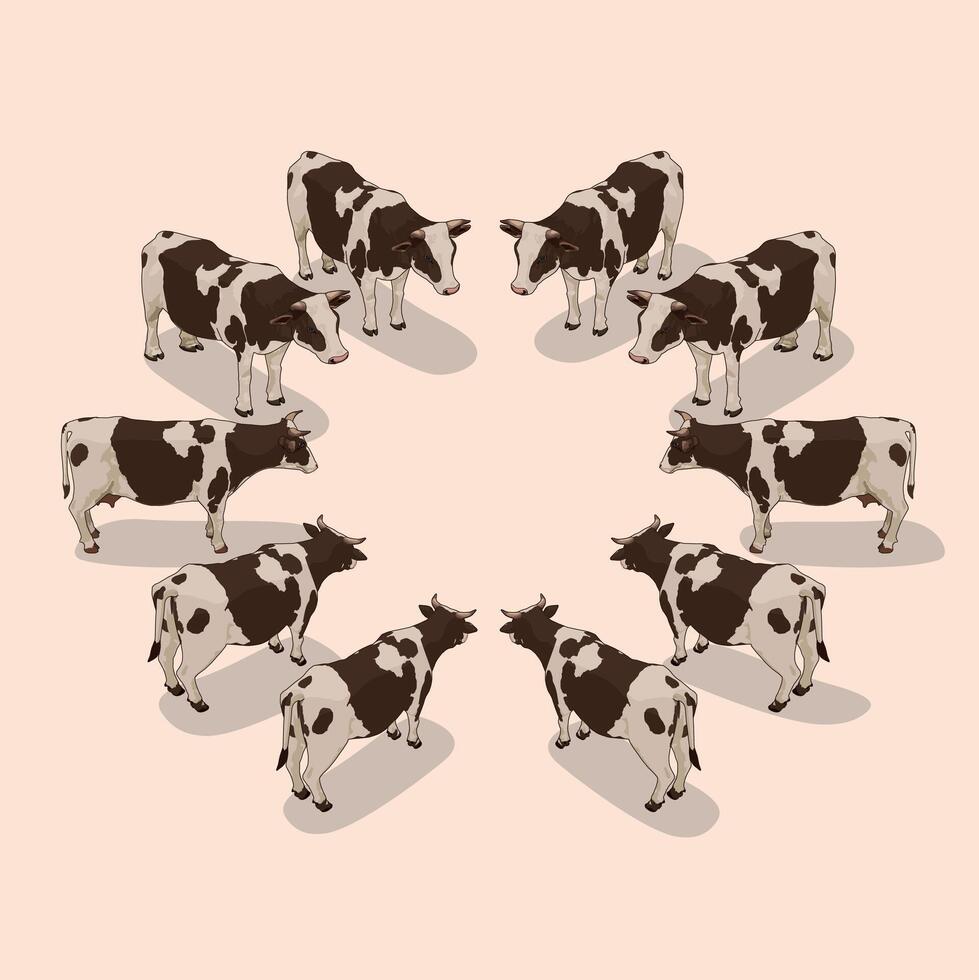 10 Isometric cows 360 degree angle vector