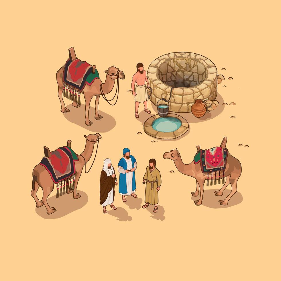 Isometric camel with companion riding resting at waterwall vector