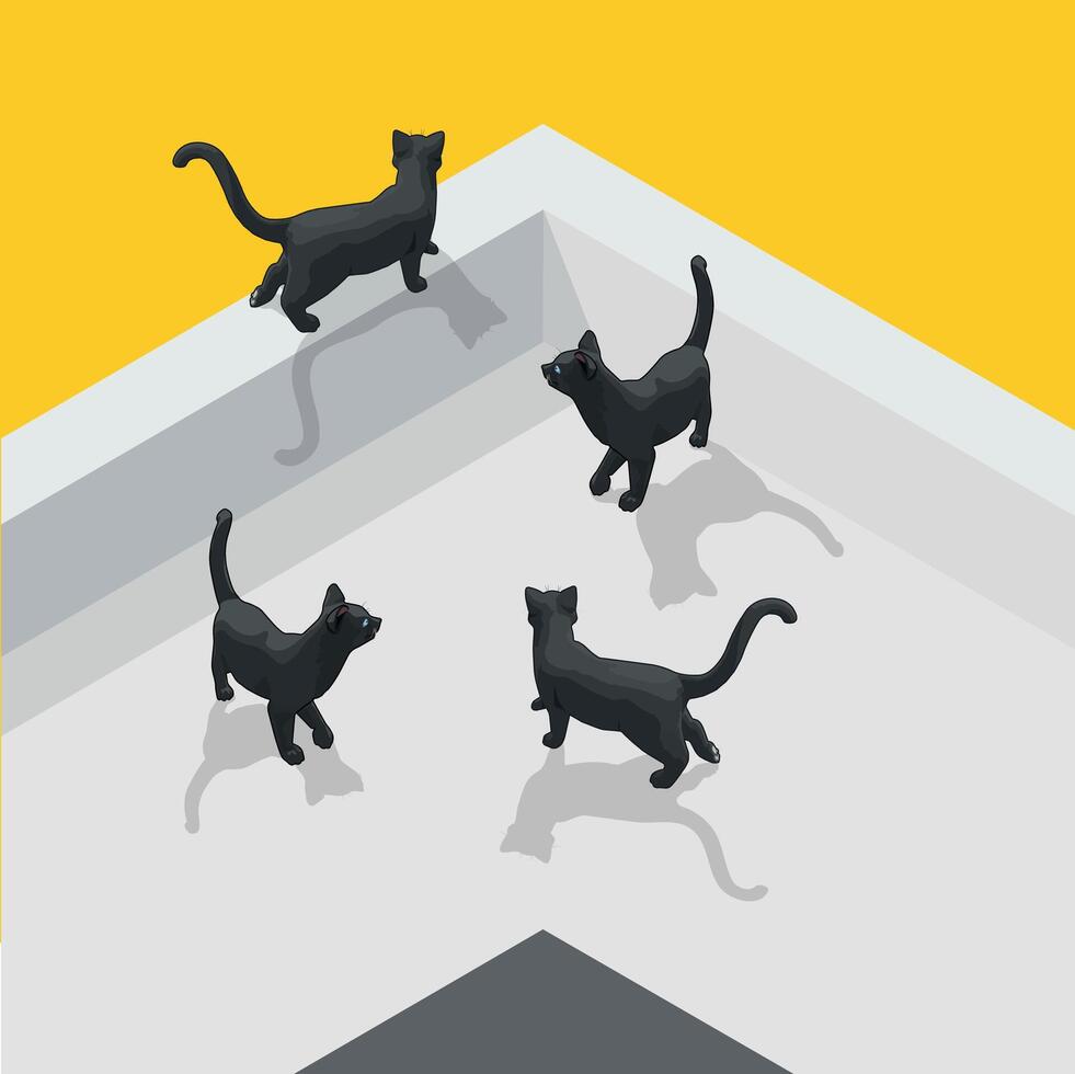 4 Isometric Black Cat of the roof-top vector