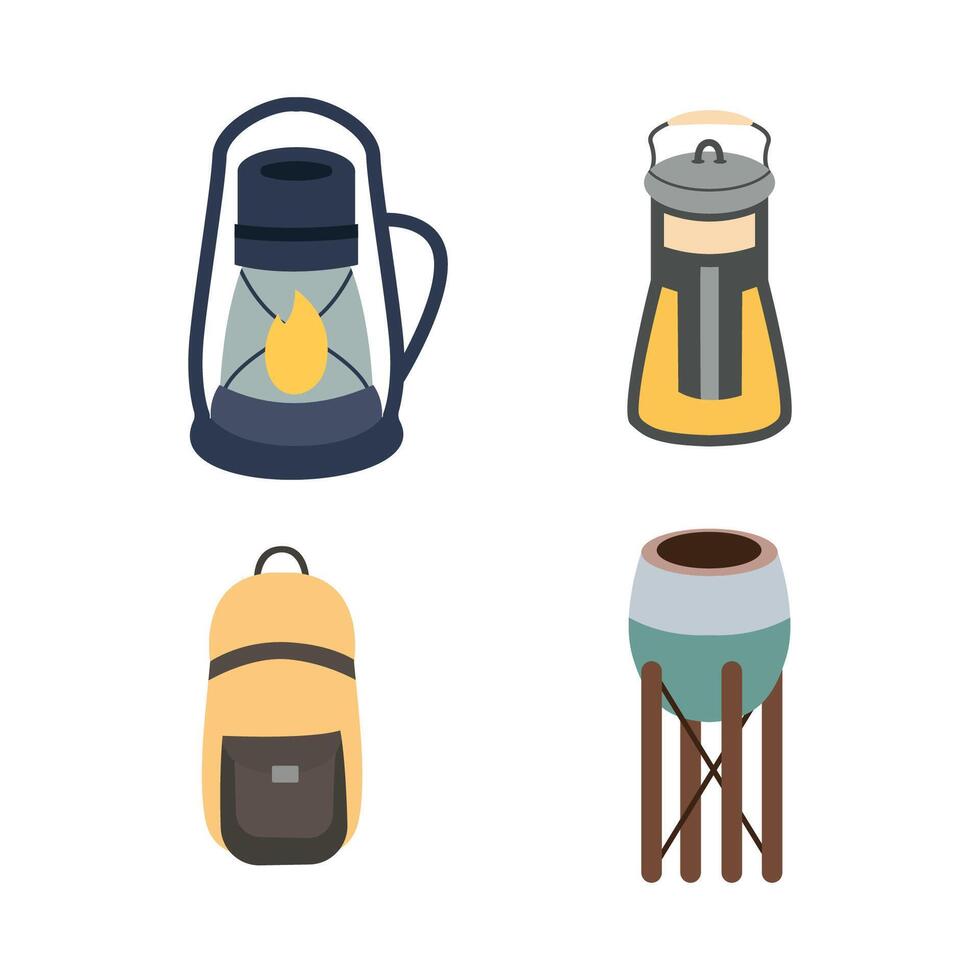 Camping Tool Elements Set of Lantern Backpack Bag Pot vector