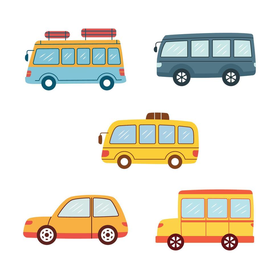 Illustration Set of Car Automobile Bus Vehicle Transport Transportation Journey Explore on the Highway vector