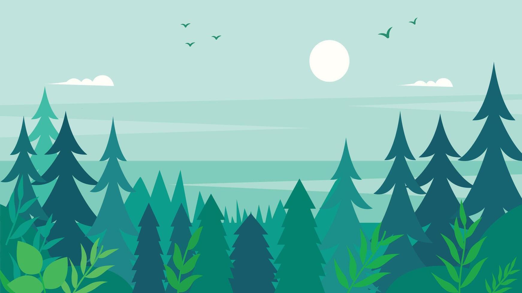 Flat Design Illustration of Green Pine Trees Adventure Nature Panorama in Forest vector
