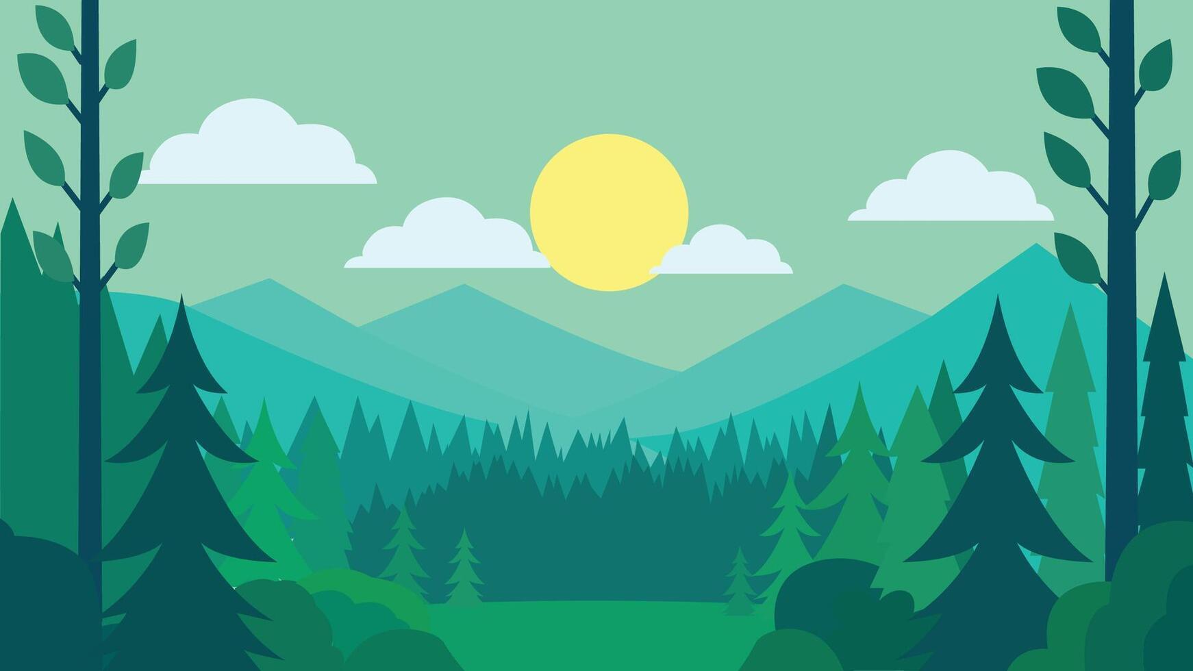 Flat Design Illustration of Green Pine Trees Mountain View in Jungle with Sun in the Sky vector