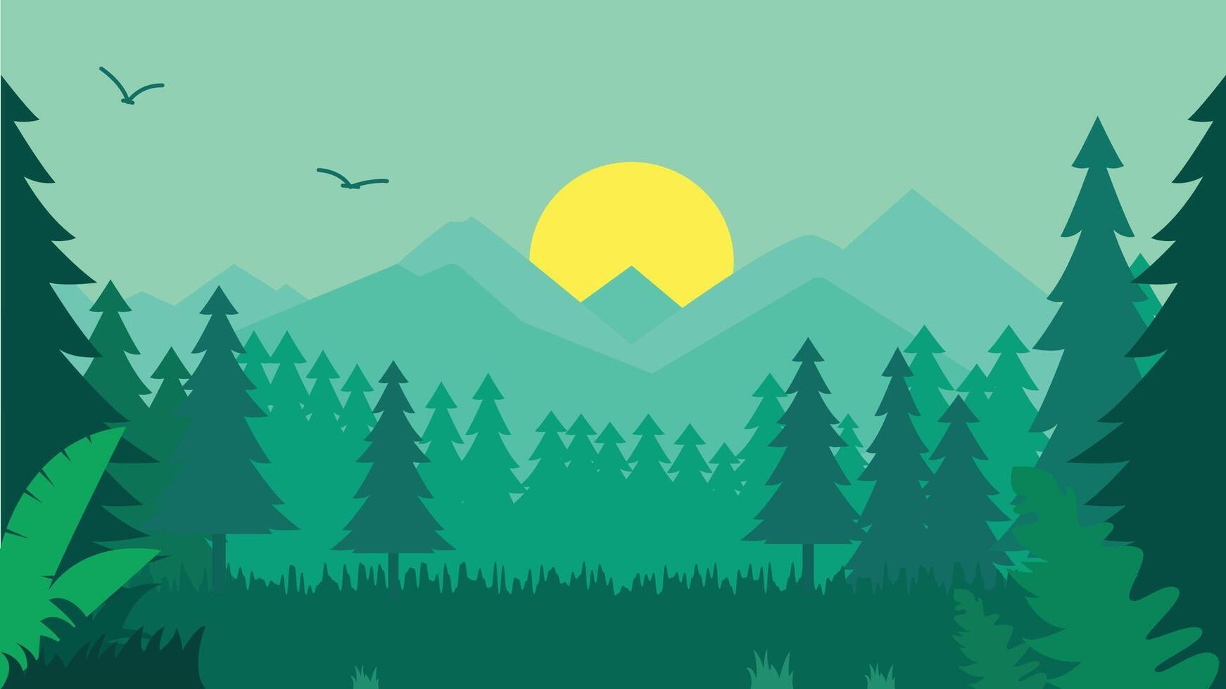 Flat Design Illustration of Green Pine Trees Mountain View in Forest with Sun in the Sky vector