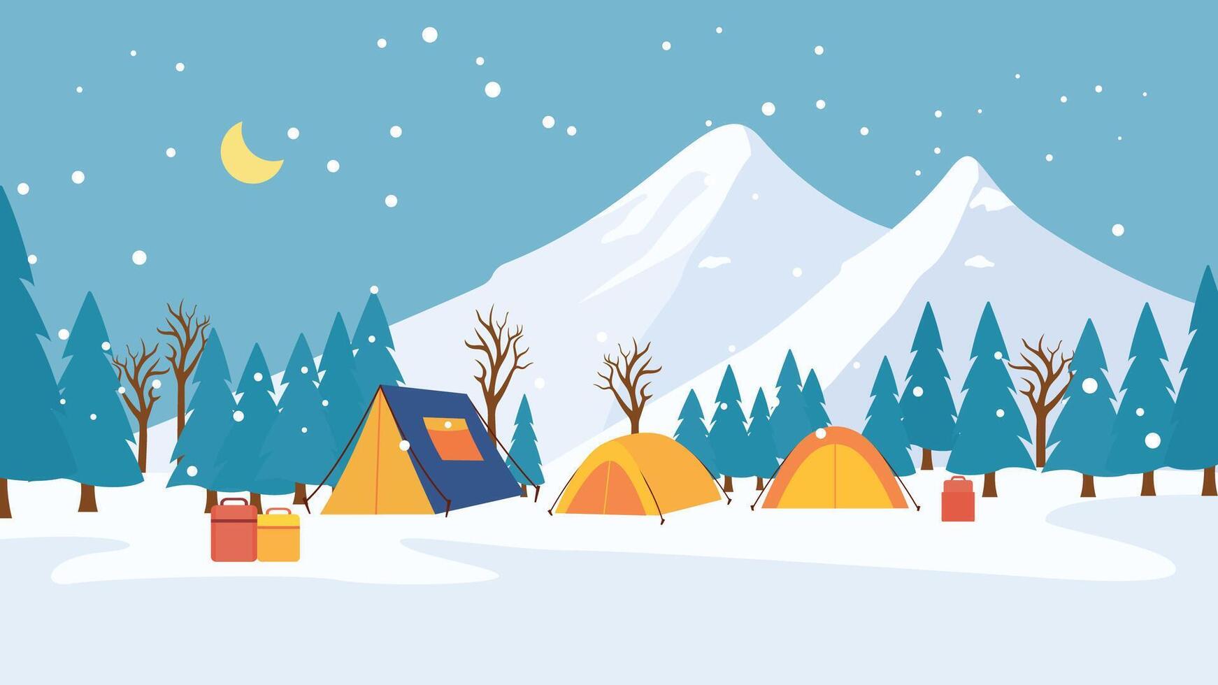 Winter Snow Holiday with Camping Tent in Ice Mountain Nature View with Crescent Moon in Blue Sky vector