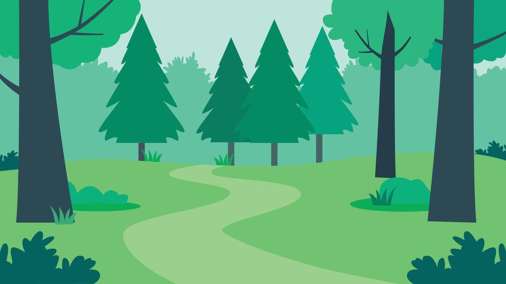 Flat Design Illustration of Nature View of Path Way with Green Pine Trees in Forest vector
