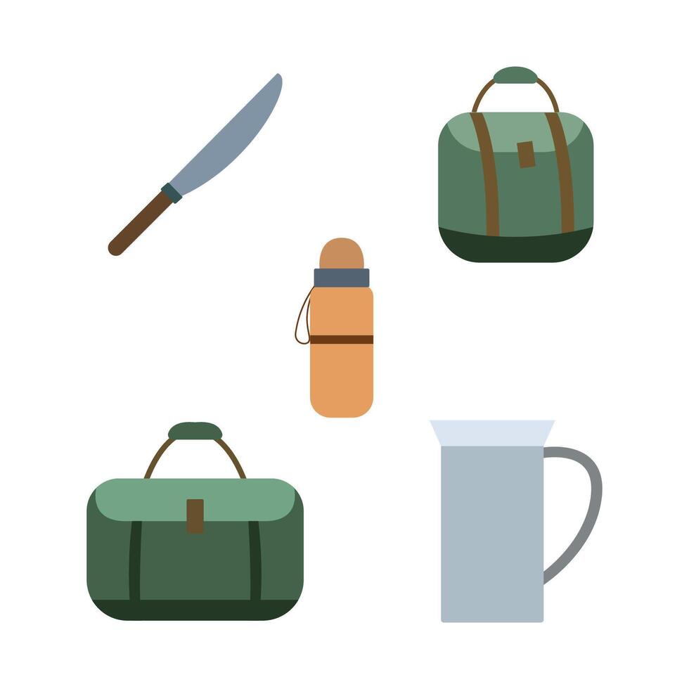 Camping Tool Elements Set of Knife Hand Bag Thermos Teapot Jug vector