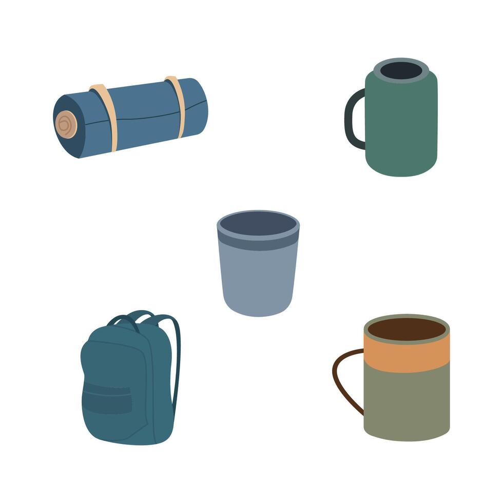 Camping Tool Elements Set of Cup Mug Glass Backpack Mat vector