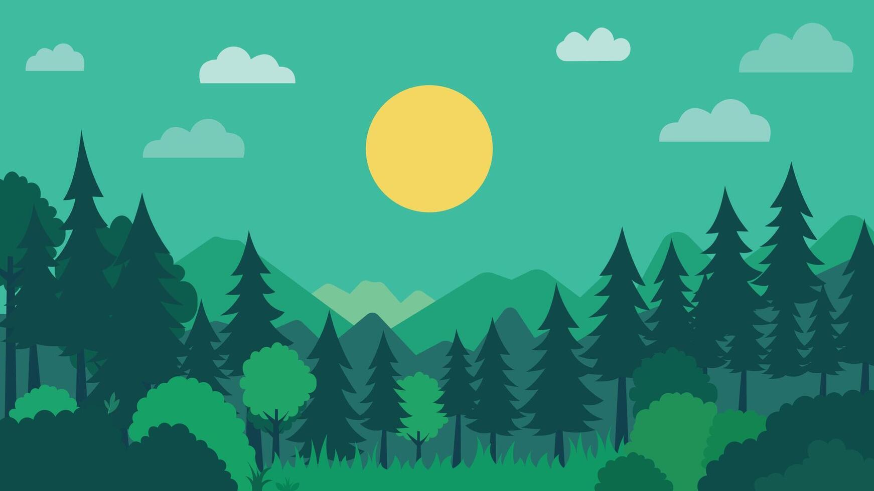 Flat Design Illustration of Green Pine Trees Mountain Outdoor in Jungle with Sun in the Sky vector