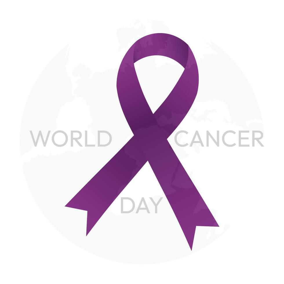 World cancer day illustration of a purple ribbon with map on white background. vector
