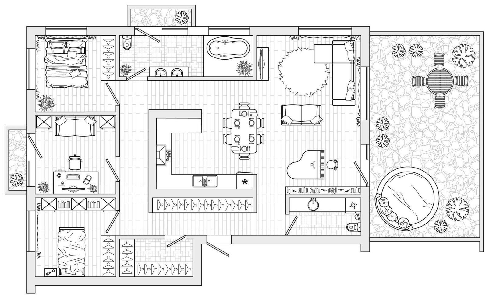 Planning of the apartment with arrangement furniture. Architectural drawing of the house top view. Interior design floor plan from above vector