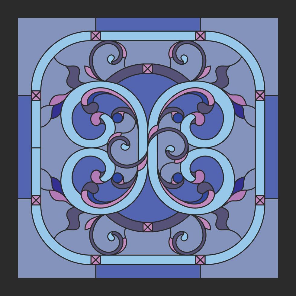 Medieval dark blue and burgundy church stained glass. Window frame with colored glass mosaic. Square tile art glass in the style of tiffany vector