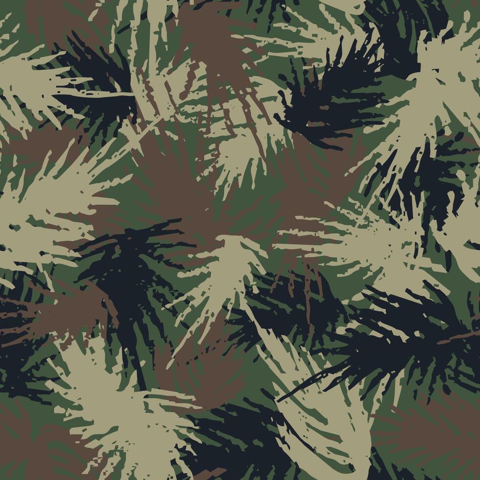 Camouflage needles plants, seamless pattern. Grunge branches and herbs green hand drawn camo background. Distressed texture wallpaper. Fabric design vector