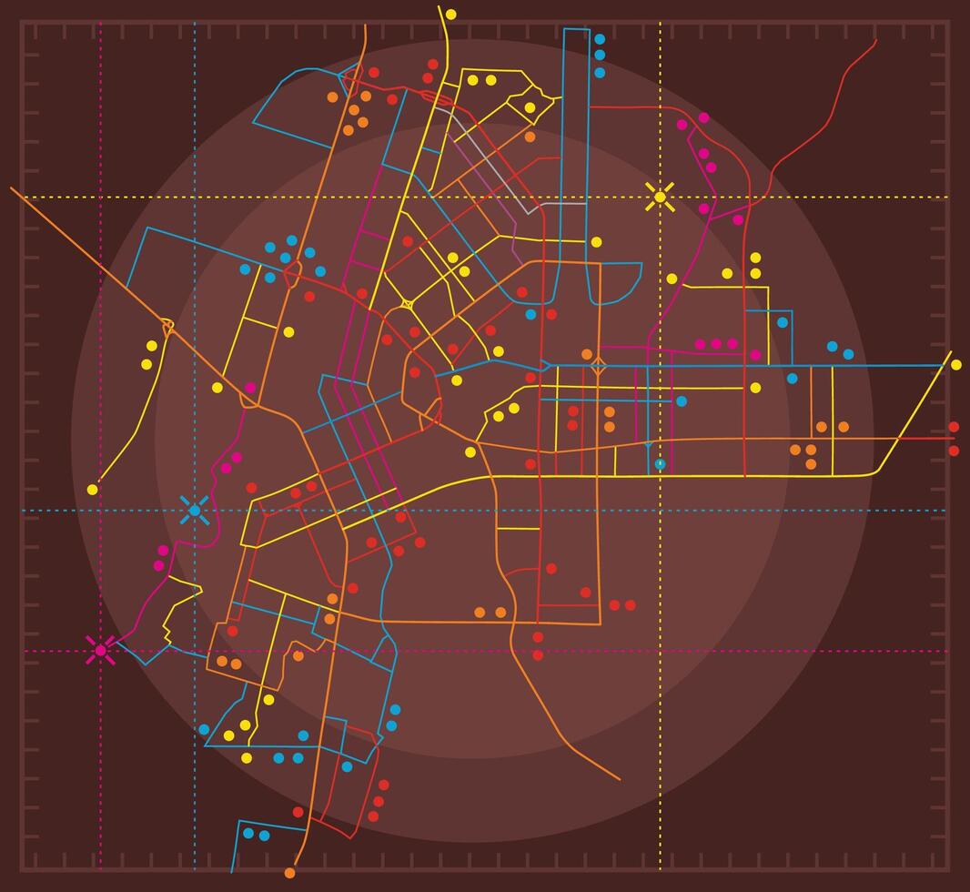 Abstract city map with location peeling markers. Determining the street layout on the radar. Transport scheme of roads. Urban background vector
