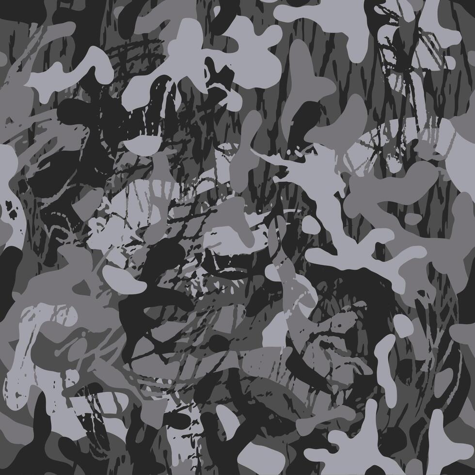 Camouflage seamless texture. Modern fashion design. Grunge camo military pattern. Black and white ink monochrome, fashionable, fabric vector