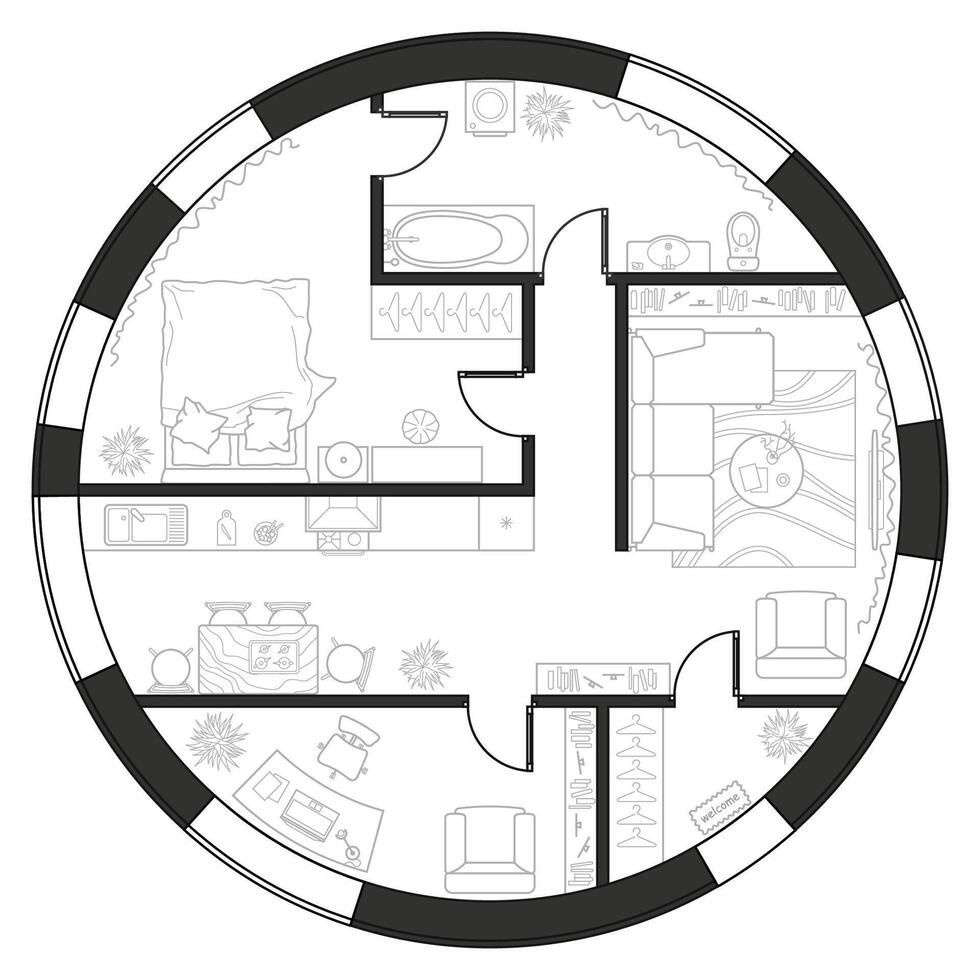 Architectural plan of round house. Professional layout with furniture in the form of a drawing. With kitchen, bedrooms, living room, dining room, bathroom. Floor plan, interior design vector