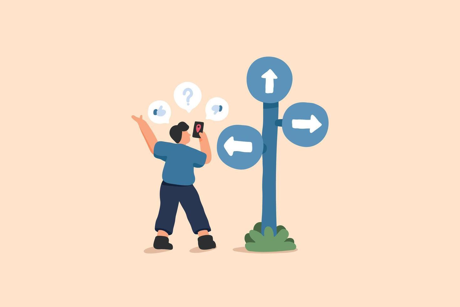 Navigation and Decision-Making at a Crossroads Illustration. A Man Stands Thoughtfully Beside a Signpost with Arrows Pointing in Multiple Directions. vector