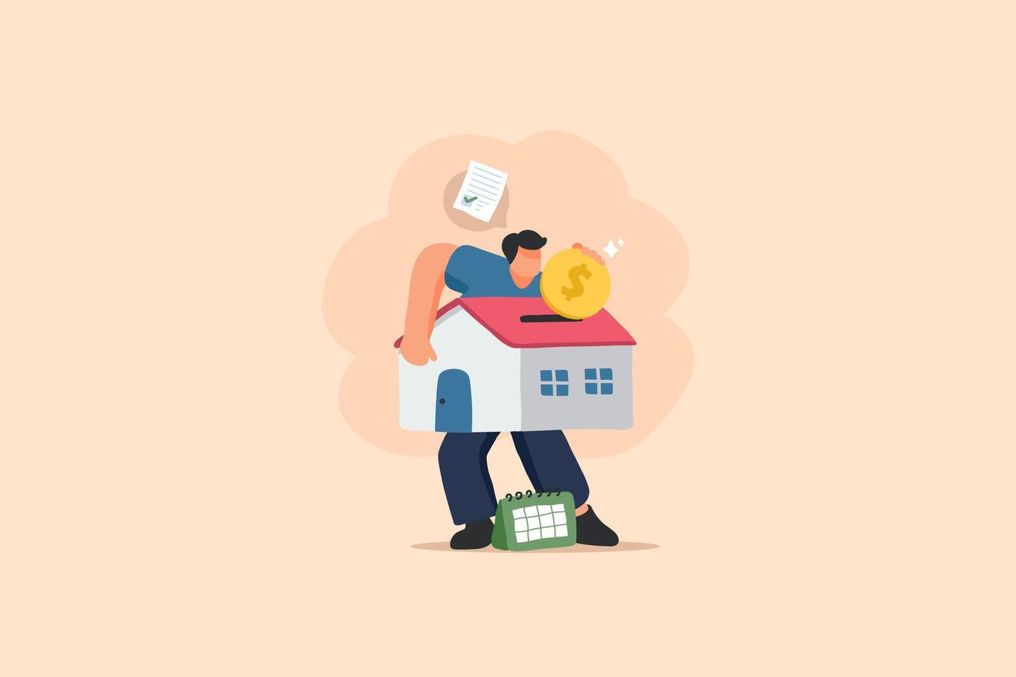 Home Debt and Financial Responsibility Illustration. A Man Carrying a House with a Coin and Calendar. vector