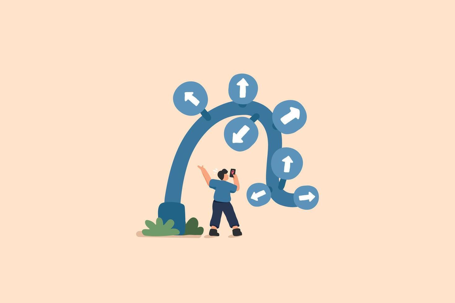 Navigation and Decision Making. A Man Stands Thoughtfully Beside a Signpost with Arrows Pointing in Multiple Directions. vector