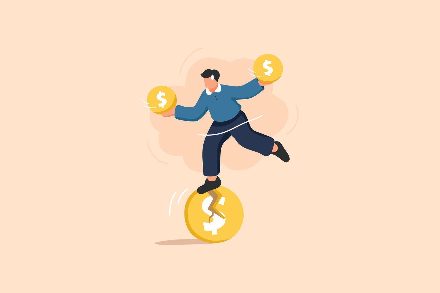 Business and Finance Money Balancing Illustration. A Person Skillfully Balancing on Oversized Coins While Holding Coins. vector