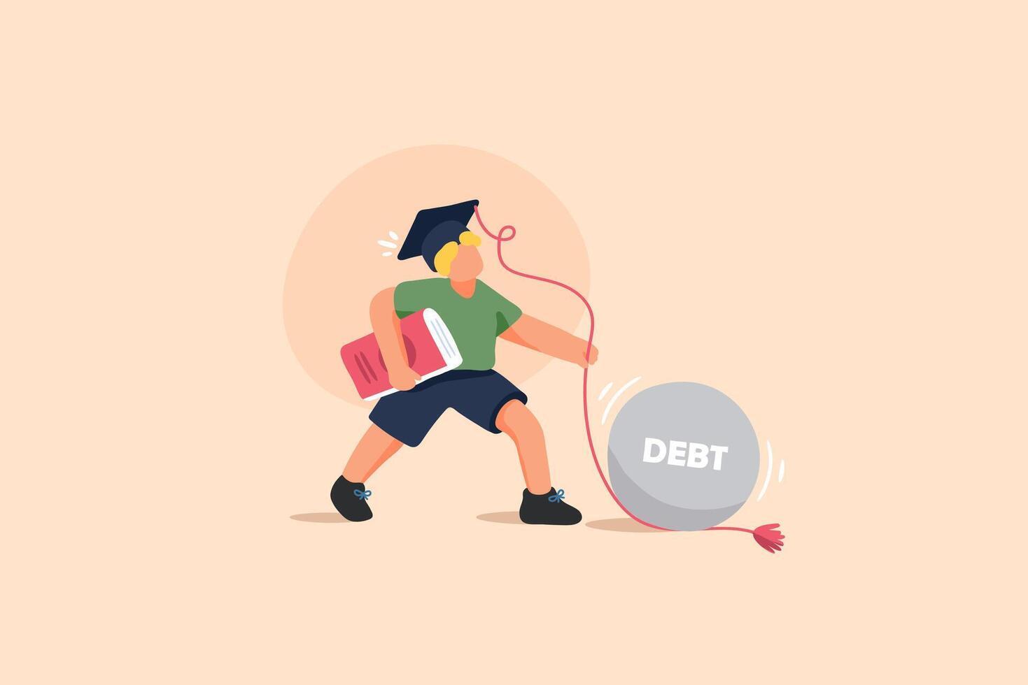Student Debt Illustration. A Young Boy Struggles Under a Graduation Cap Weighed Down by a Large Debt Ball. vector