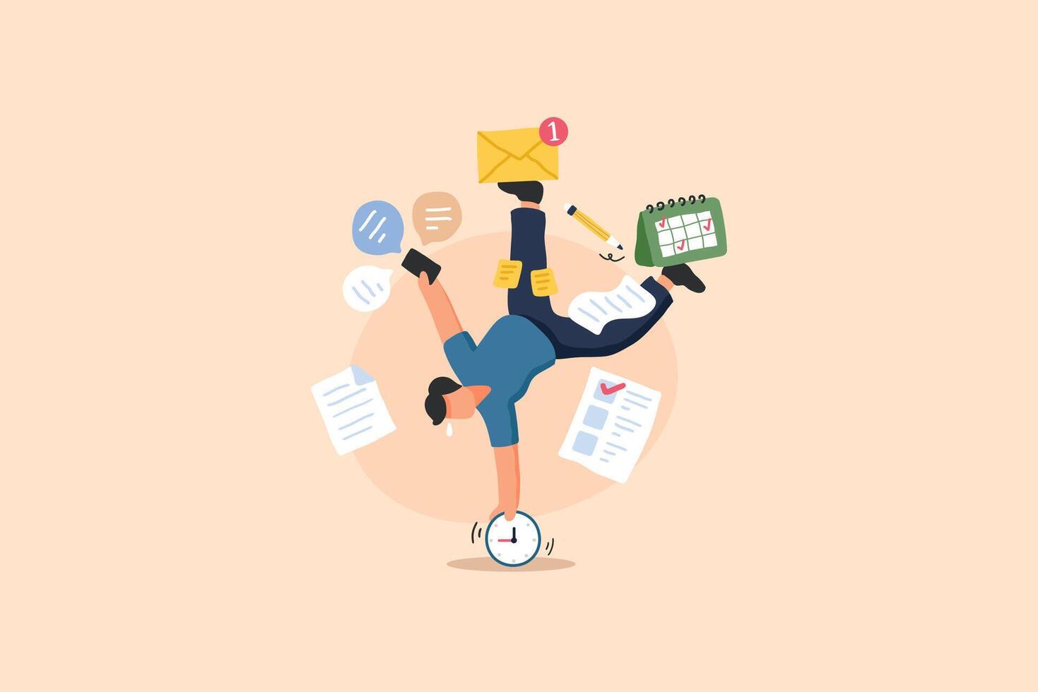 Task Management and Multitasking Illustration. A Character Balances Papers, a Clock, and an Envelope to Represent Productivity Challenges. vector