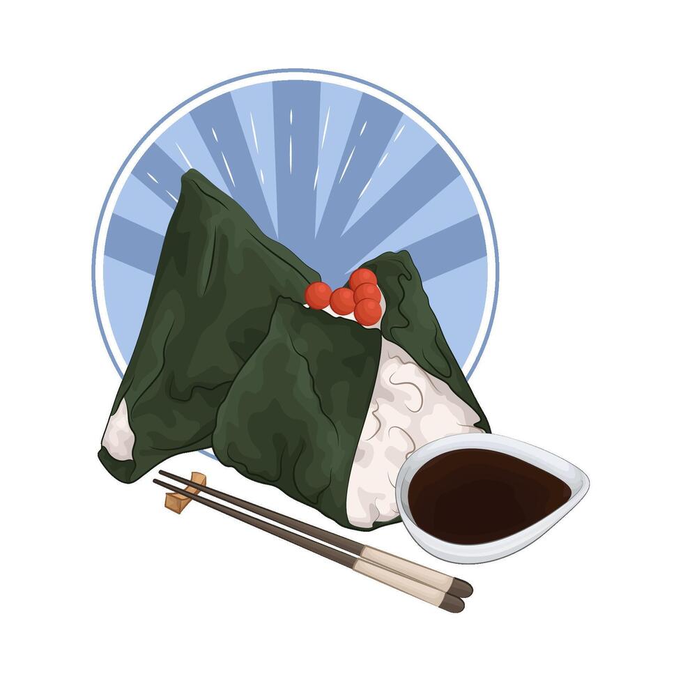 illustration of fresh salmon onigiri with soy sauce vector