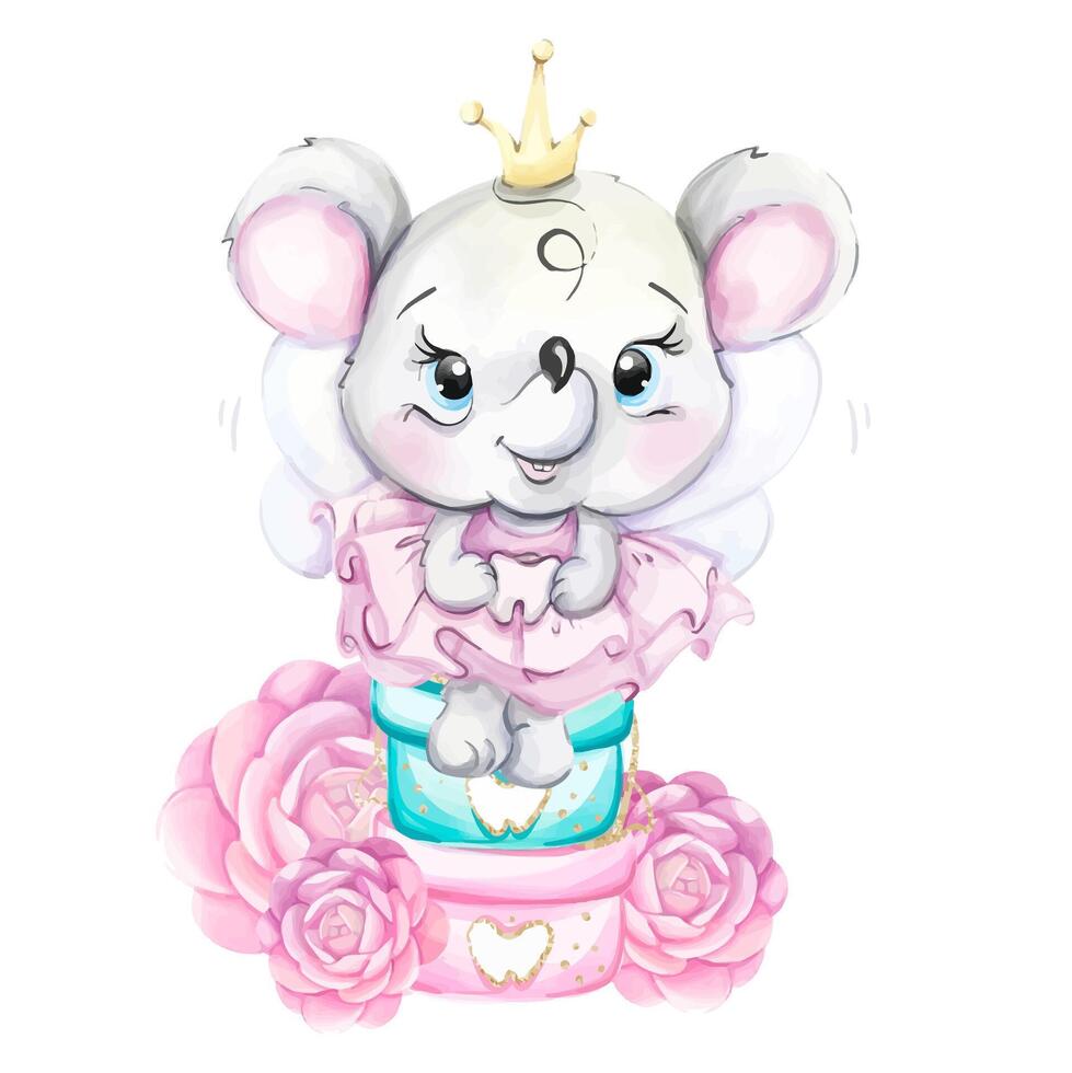 Watercolor tooth fairy. Cartoon dental princess mouse with crown and roses. Medical kids illustration for print, textile, design and decoration vector