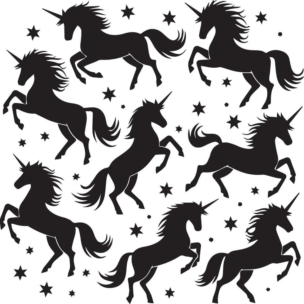 Silhouettes of unicorns set. Three different shapes with star vector