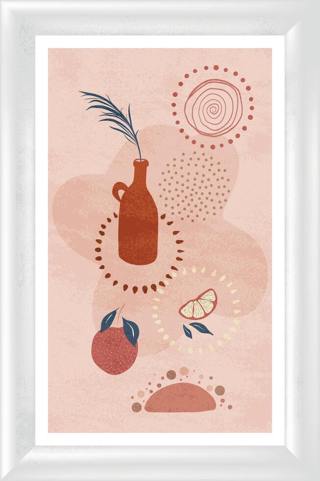 A pink and white framed print with an orange and a bottle vector