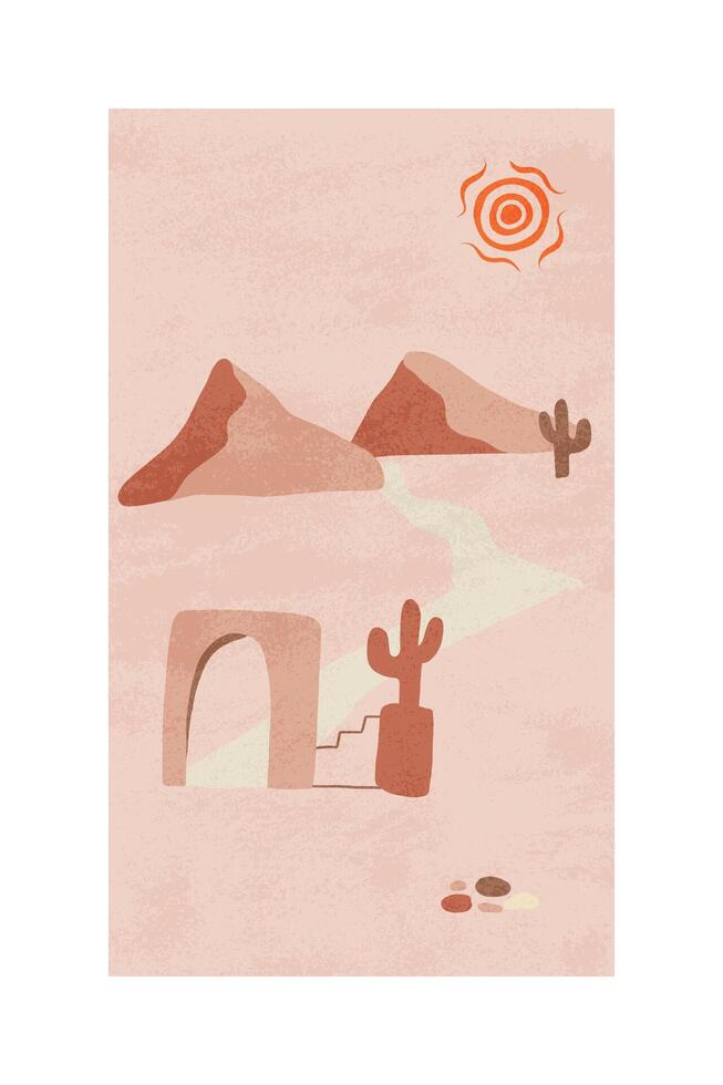 A desert landscape with cactus and a sun vector