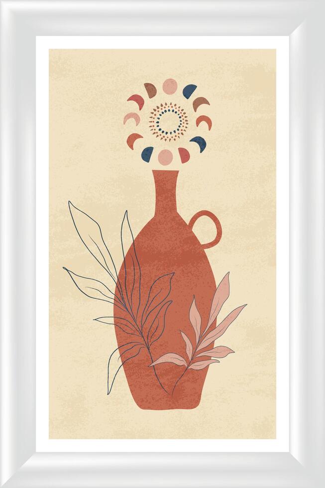 A framed art print with a red vase and leaves vector