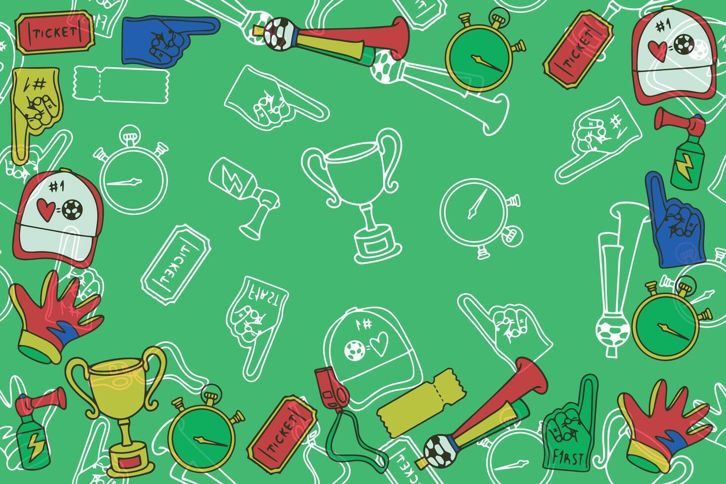 Football players and fans attributes background in doodle style. Football decorative illustration. Banner with sports items. . vector