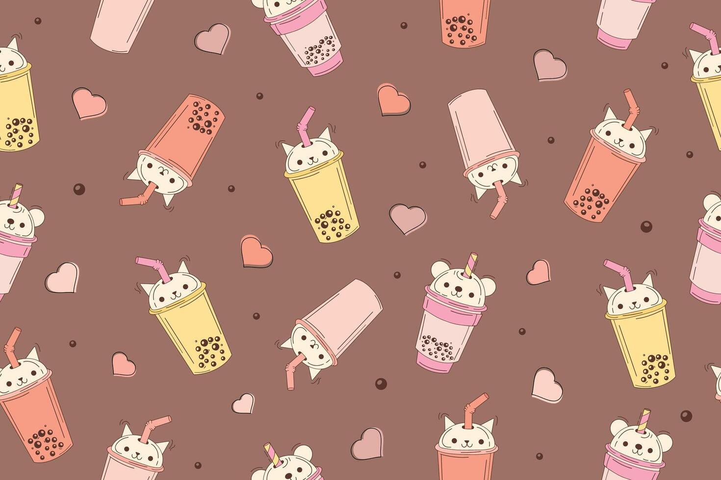 Bubble milk tea funny seamless pattern. Hand drawn kawaii smiles drinks with tapioca pearls. Cute cartoon illustration. Mocha mousse background with ice tea characters. vector
