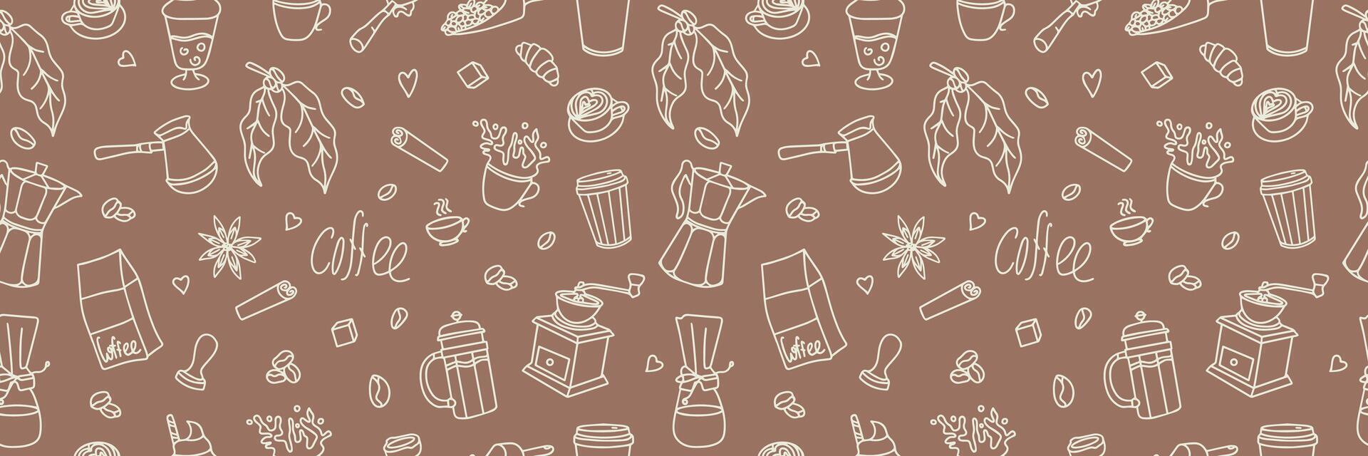 Coffee hand drawn seamless pattern for packaging, textile, printing. Modern background design with tea and coffee. Background Mocha Mousse. vector