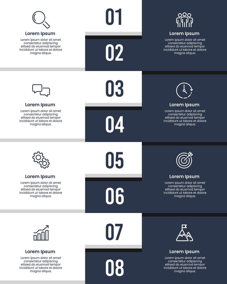 8 alternating vertical infographic options black and white color design. Business presentation, Banner, Comparison, Brochure, Poster and Plan. vector