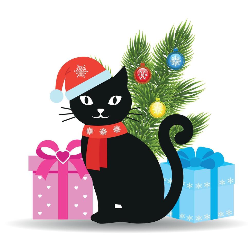 New Year's black cat with a Christmas tree vector