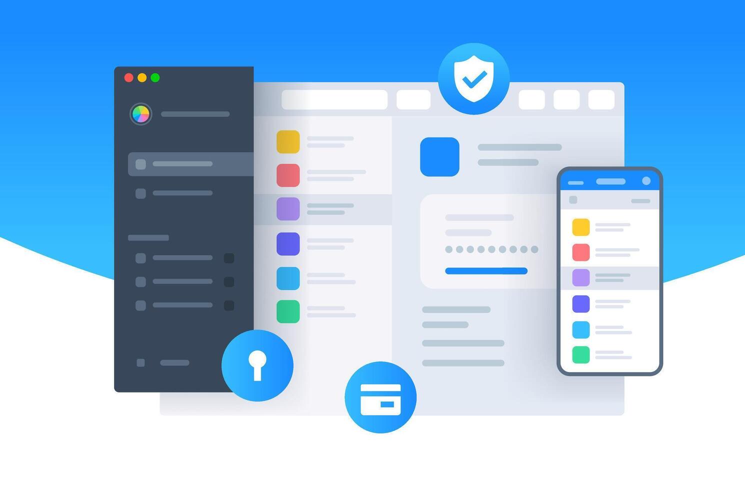 Program for creating a single Password. Manager place for users to store various passwords, software licenses, and other sensitive information in a virtual vault that is locked. illustration vector