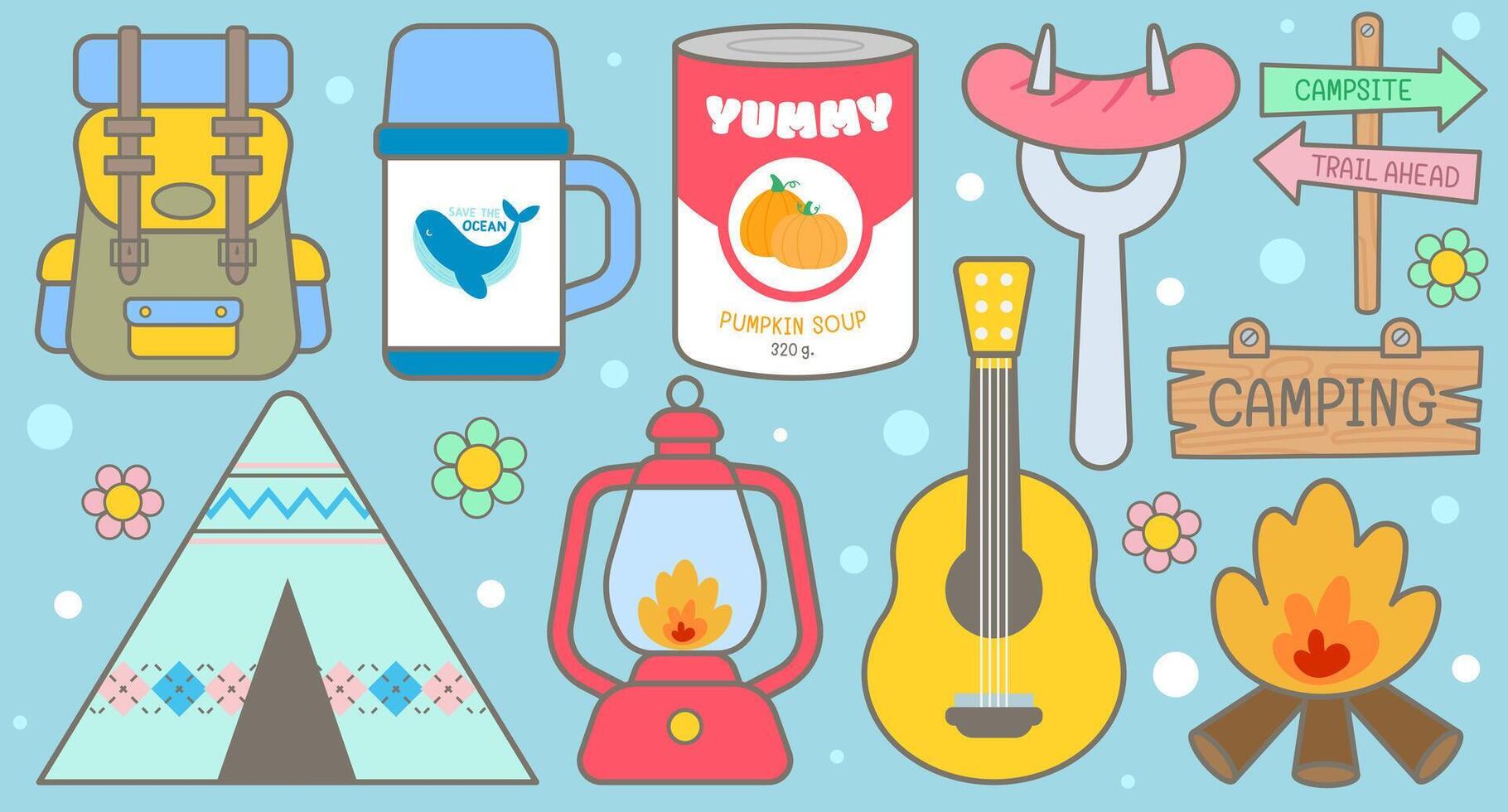 Hand Drawn cute picnic camping Elements vector