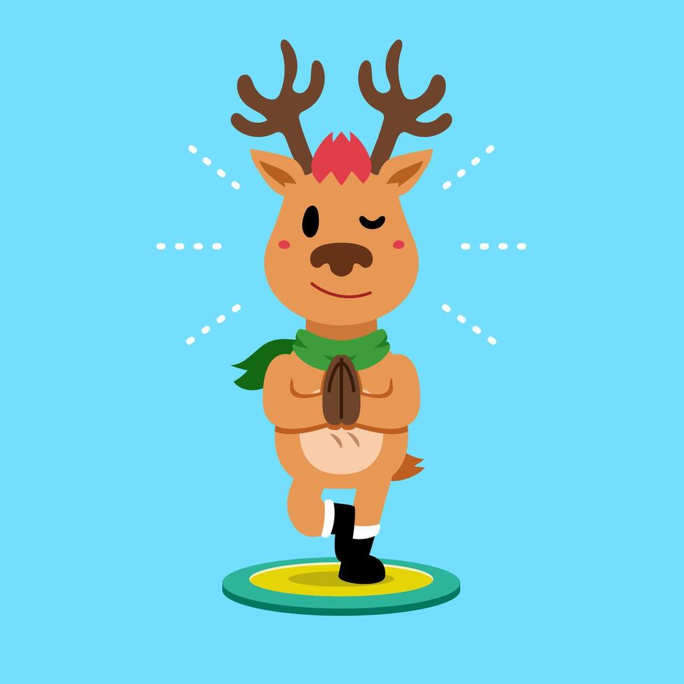 Cartoon character christmas reindeer doing yoga on exercise mat vector