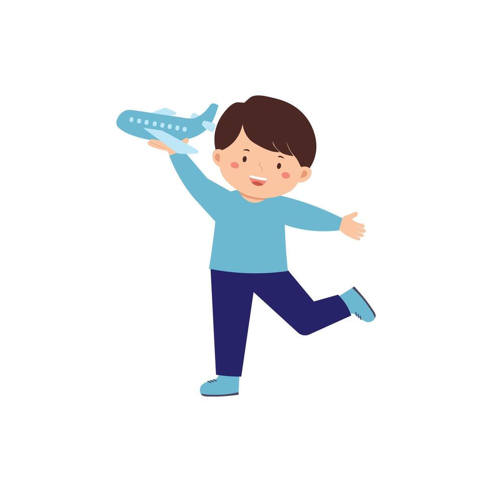 Happy Boy Playing with Toy Airplane vector