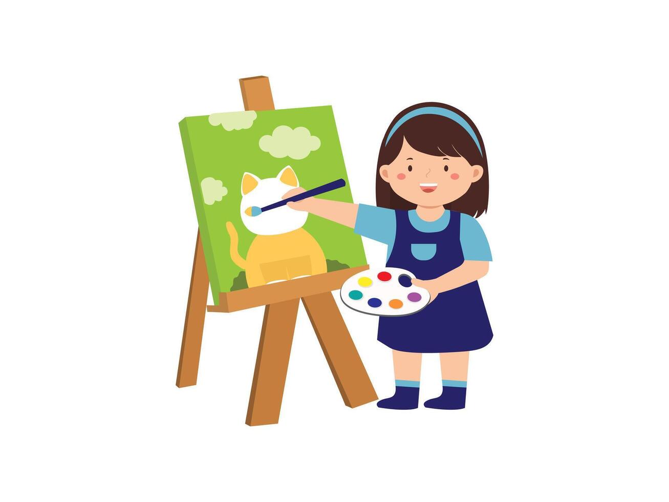 Girl Painting a Cat on Canvas vector