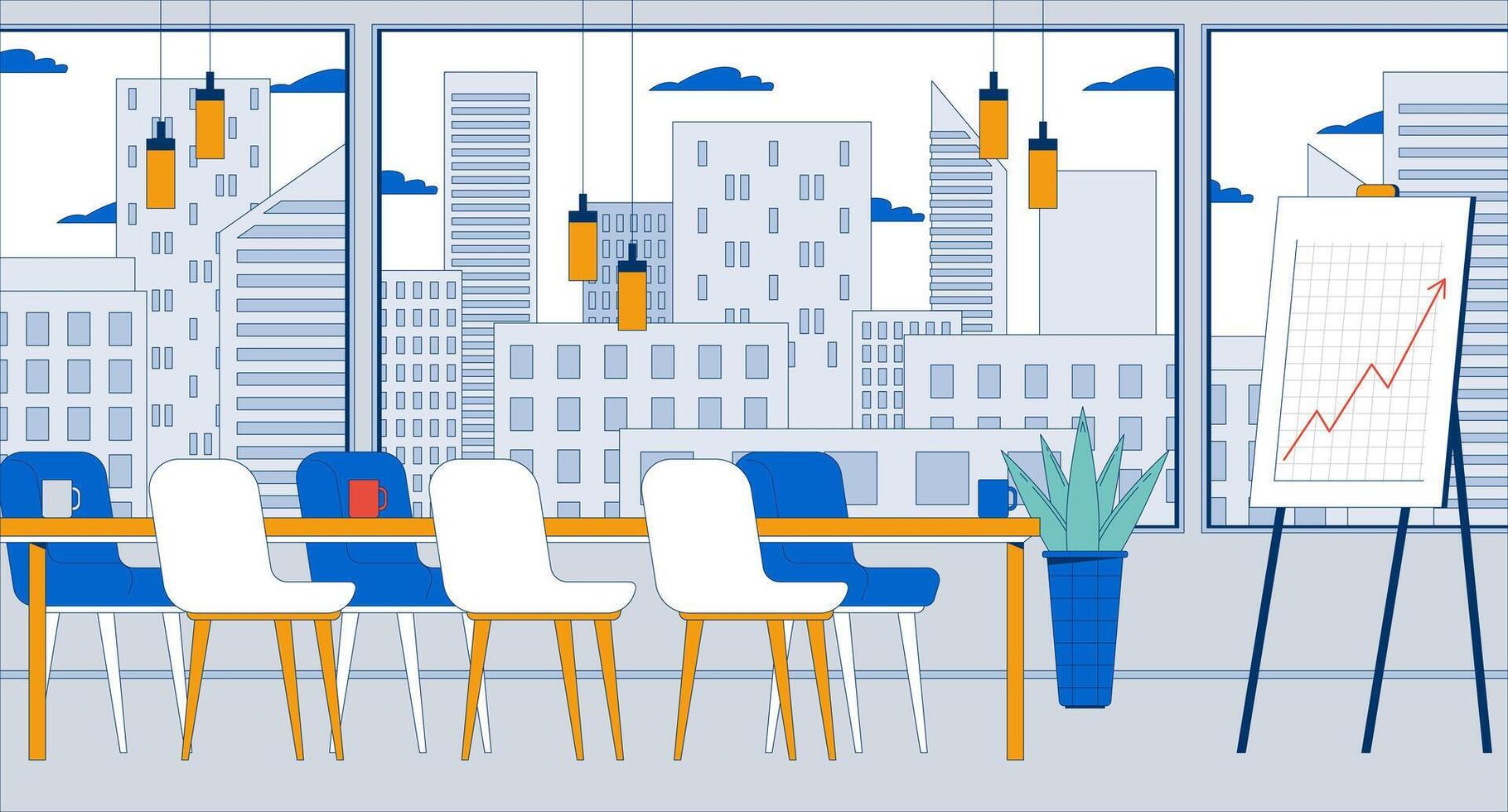 Empty boardroom corporate chart board flat illustration. Business room with financial growth whiteboard desk 2D interior cartoon background. Meeting space. Company furniture scene image vector