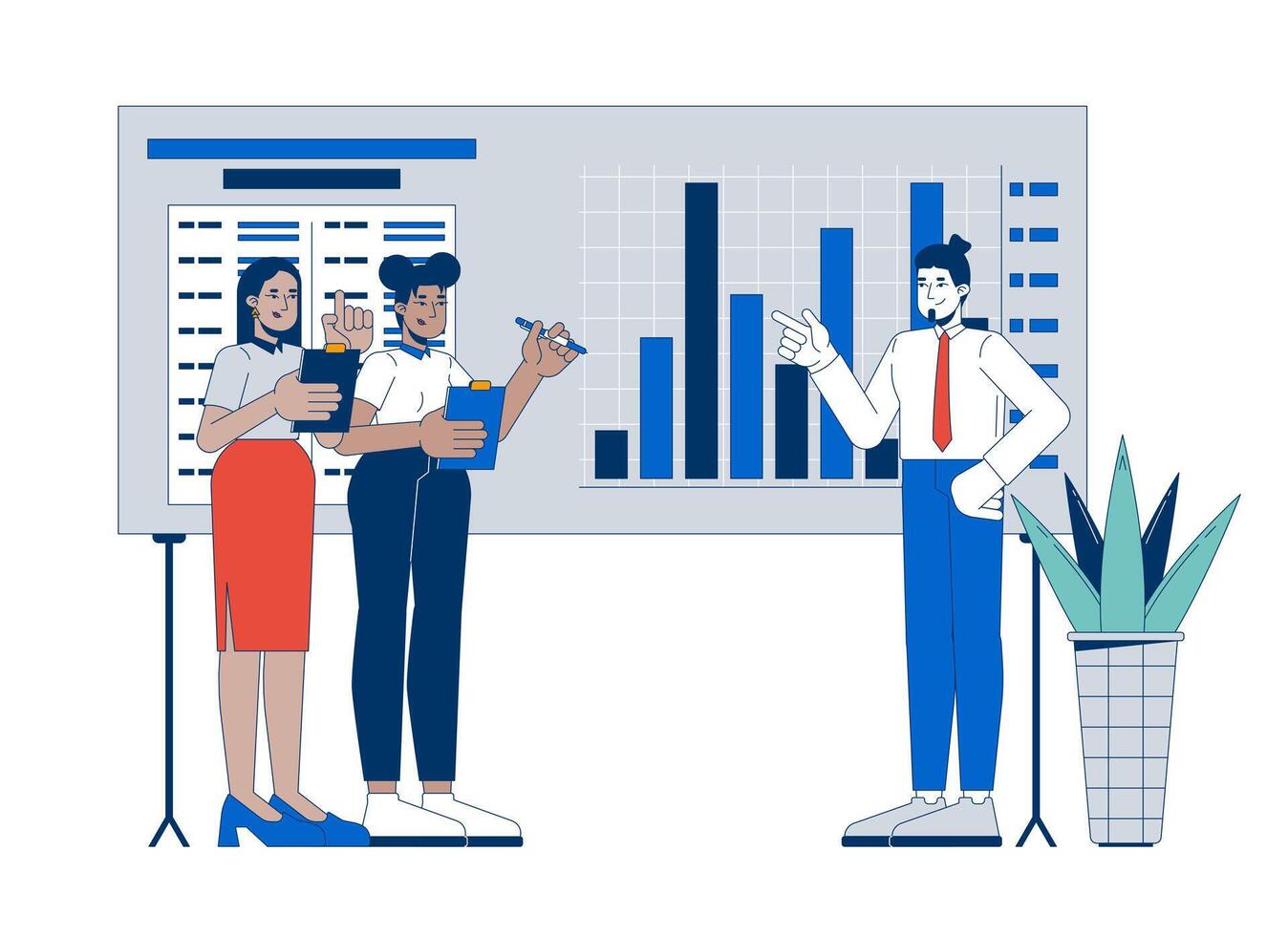 Internal report cartoon flat illustration. Company audit. Finances analyzing. Diverse team members discussing corporate charts 2D characters isolated on white background. colorful image vector