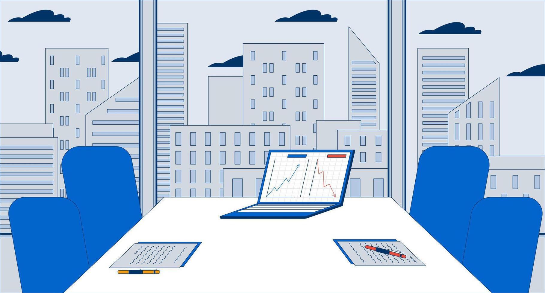 Empty meeting room table charts laptop flat illustration. Company compare revenue notebook desk with chairs 2D interior cartoon background. Skyscrapers windows modern office inside scene image vector