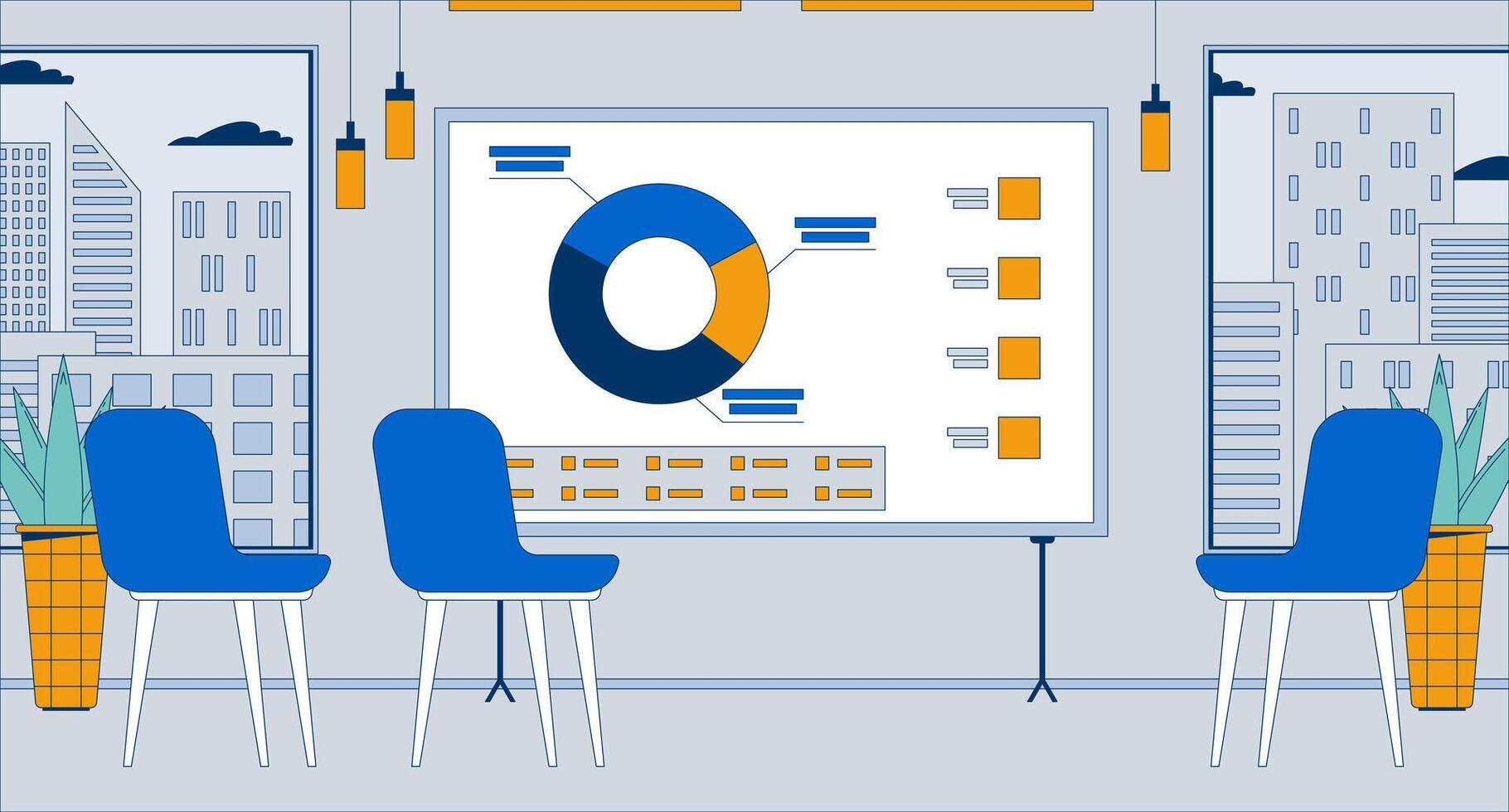 Empty lecture room charts presentation board flat illustration. Office chairs around whiteboard indoors 2D interior cartoon background. Analytics corporate diagram infographics scene image vector