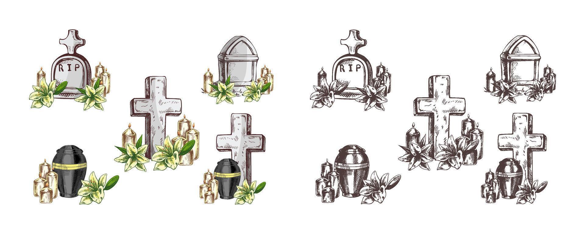 Hand drawn funeral service set with condolence symbols and attributes vector