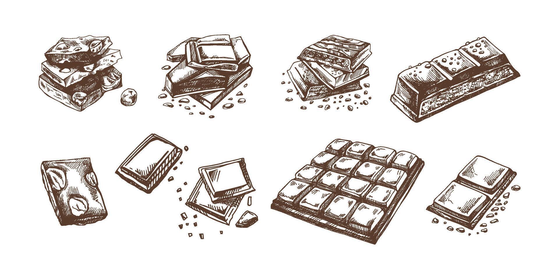Hand-drawn chocolate illustrations set featuring bars and chunks vector
