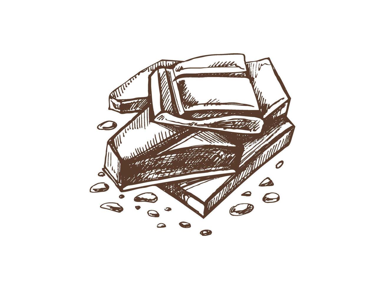 Broken chocolate pieces with crumbs in vintage sketch style vector