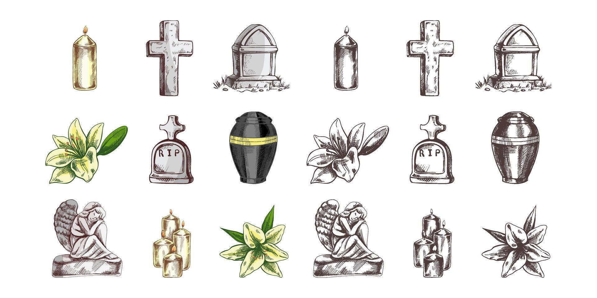 Funeral service hand drawn set, bereavement and cemetery illustration vector